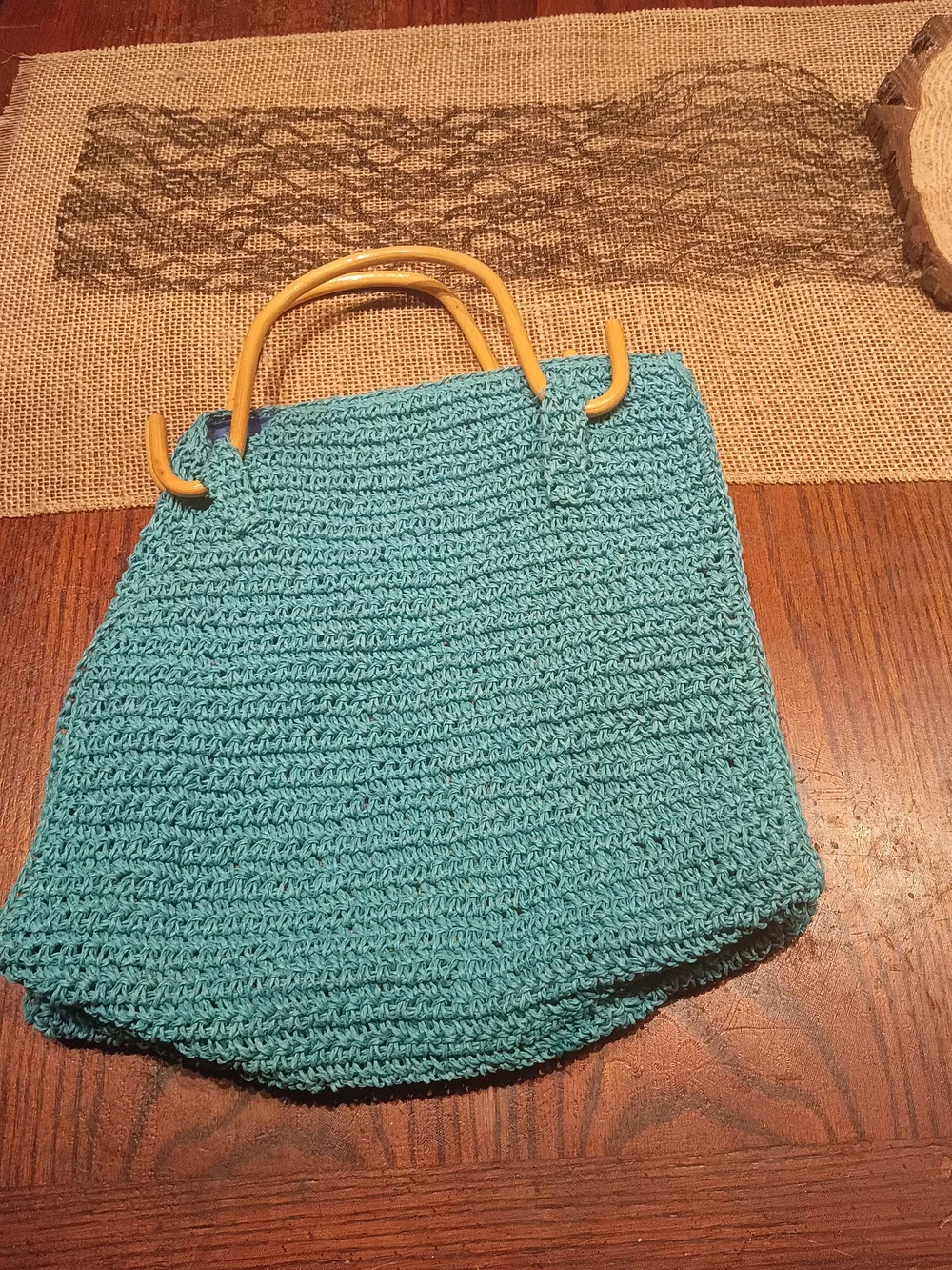Handwoven Teal Tote Bag with Mustard Wooden  Handles